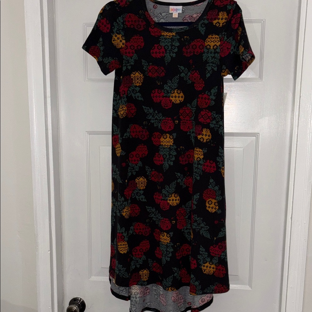 LuLaRoe Black Midi Dress with Red, Yellow & Green Floral Print